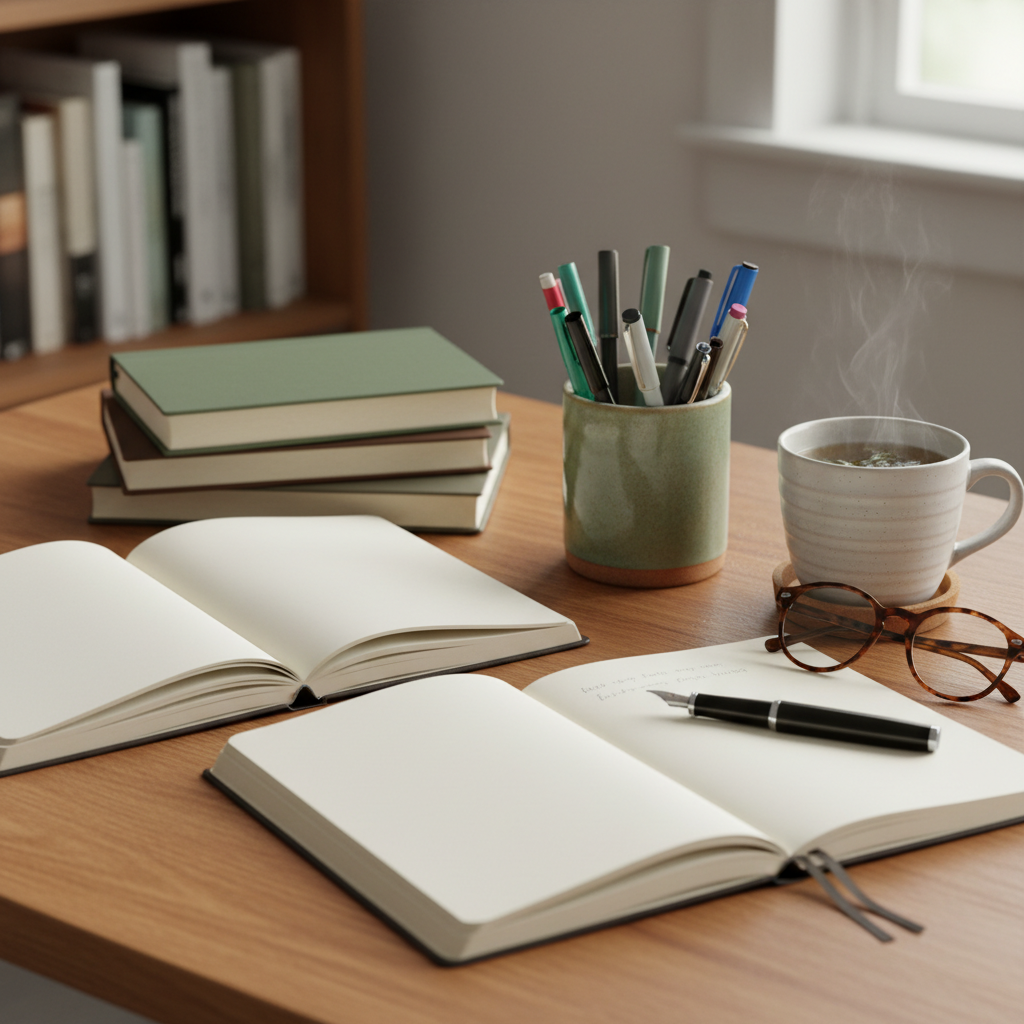 Ruhige Schreibtischszene mit Notizbüchern, Stiften und einem Becher – symbolisch für sorgfältige, unabhängige Redaktionsarbeit