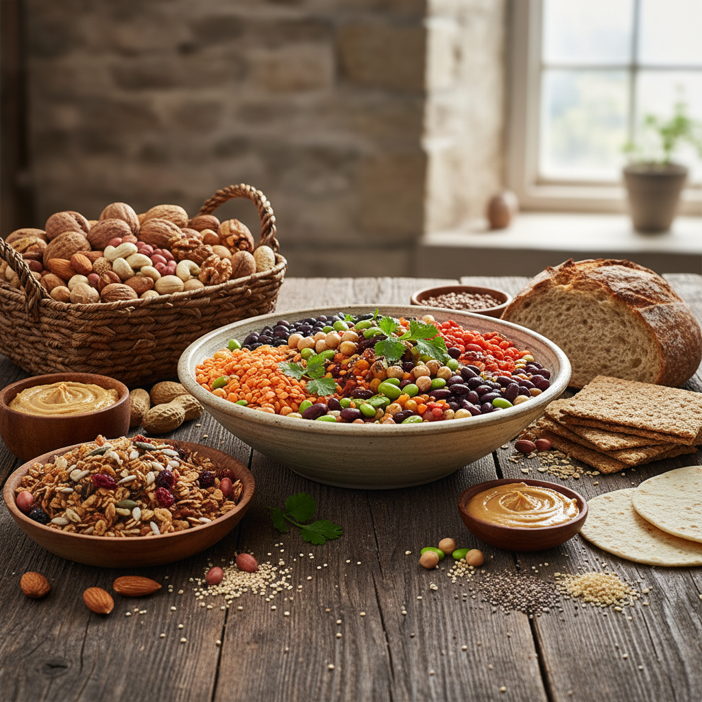Stillleben mit verschiedenen Eiweissquellen: Hülsenfrüchte, Nüsse und Vollkornprodukte auf einem Holztisch