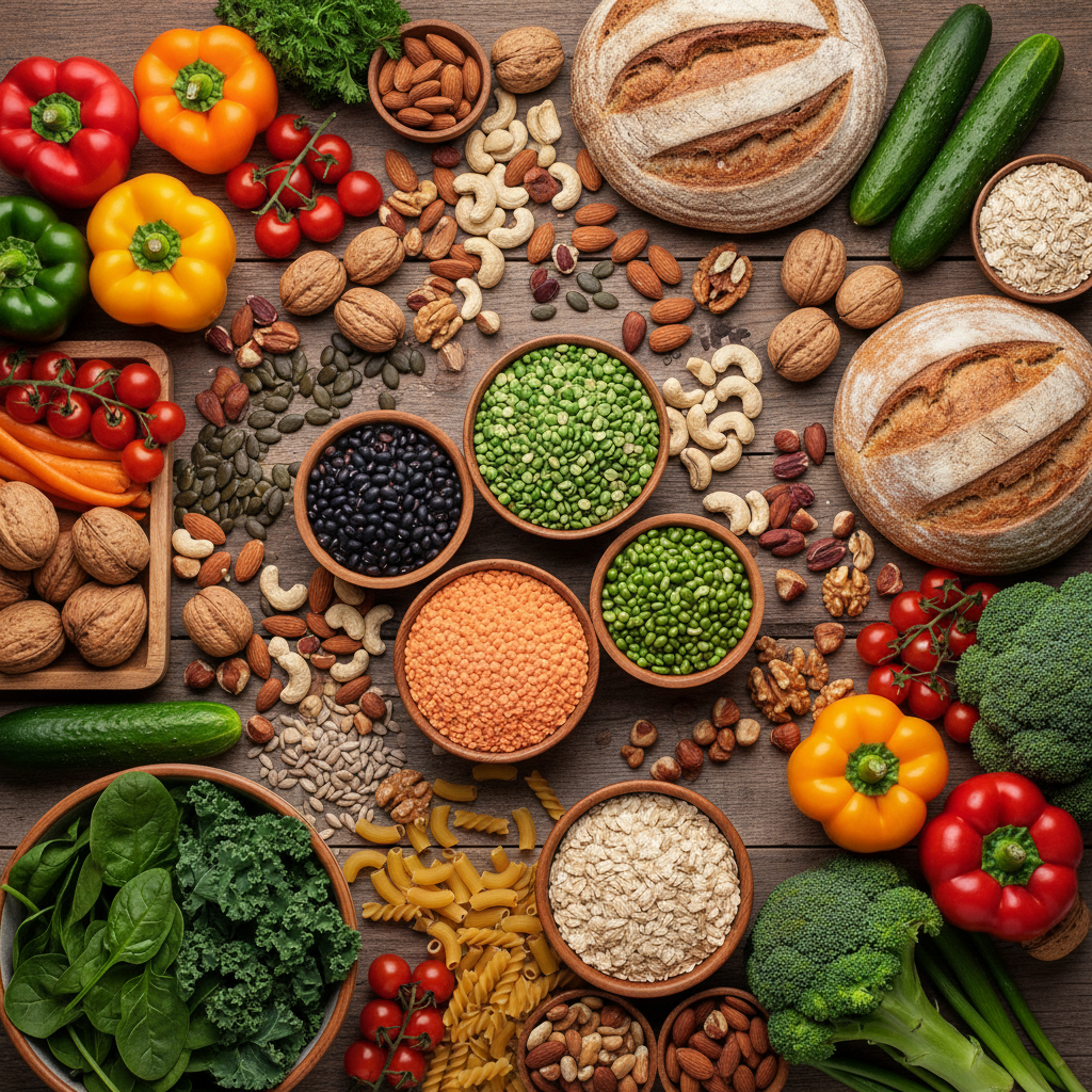 Aufsicht auf einen Tisch mit verschiedenen natürlichen Lebensmitteln – Hülsenfrüchte, Nüsse, frisches Gemüse und Vollkornprodukte