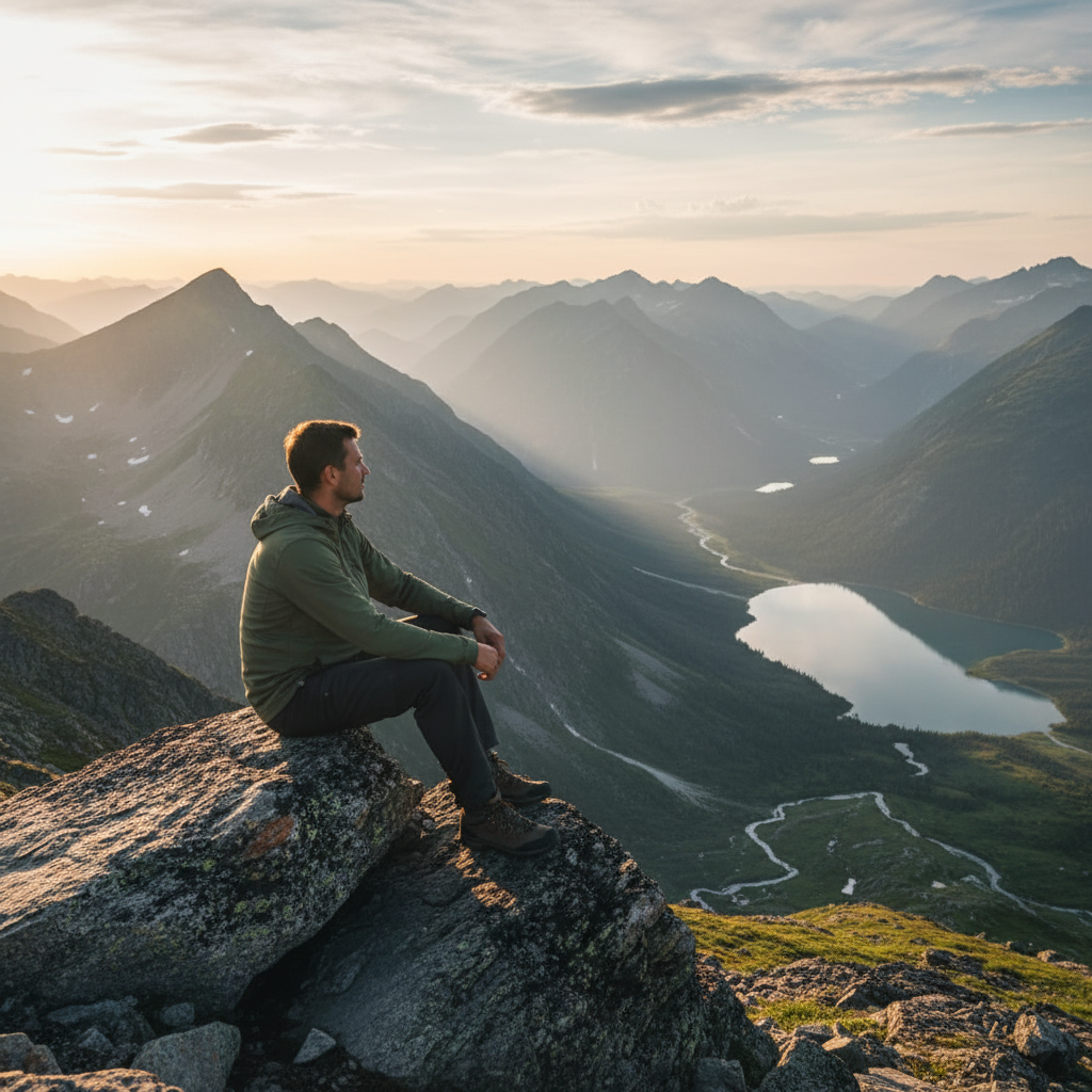 Mann sitzt ruhig auf einem Felsen in einer Berglandschaft und blickt in die Ferne – symbolisch für Besinnung und Achtsamkeit
