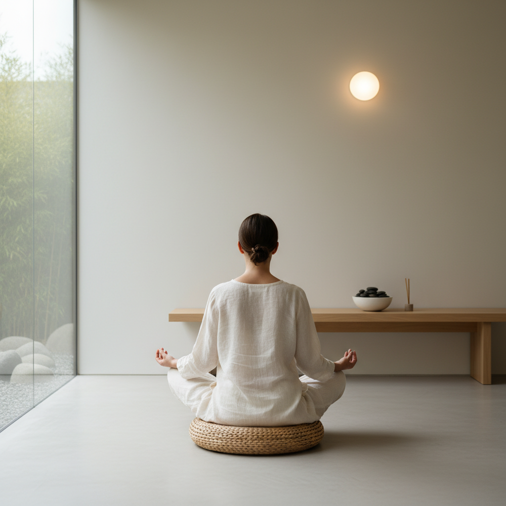 Ruhige Meditationsszene in einem minimalistischen Interieur – Fokus auf mentale Ausgeglichenheit
