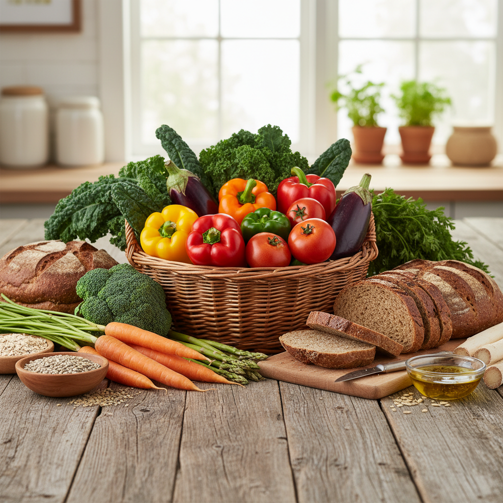 Frische Gemüse und Vollkornprodukte auf einem Holztisch angeordnet – Beispiele für ausgewogene Ernährung
