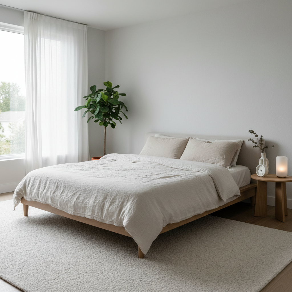 Ruhige Schlafzimmerszene mit natürlichem Licht und minimalistischer Einrichtung – Symbolbild für erholsamen Schlaf