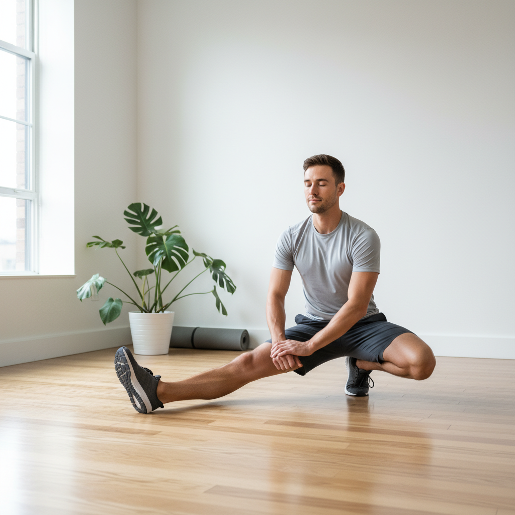 Mann beim Dehnen und Stretching in einem hellen, minimalistischen Raum – fokussiertes, ruhiges Training